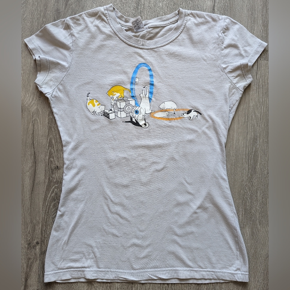 3/$15 Geeky Grey Graphic T-shirt Cats Portal video game design - Tee Fury